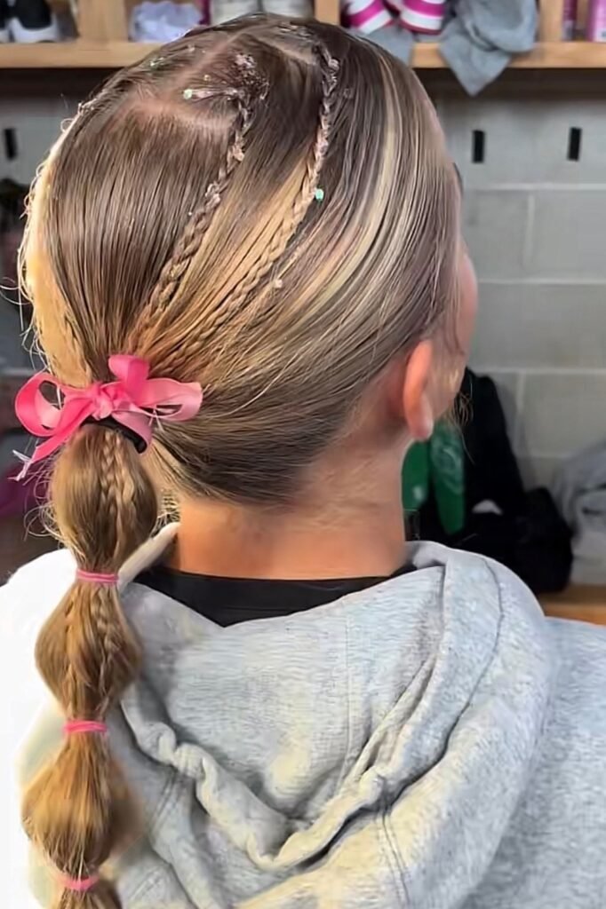 Glittered Micro-Braids into a Bubble Ponytail with Ribbon Detail