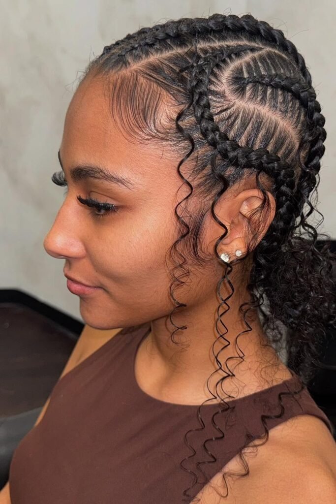 Goddess Stitch Braids with Loose Curly Face-Framing Tendrils
