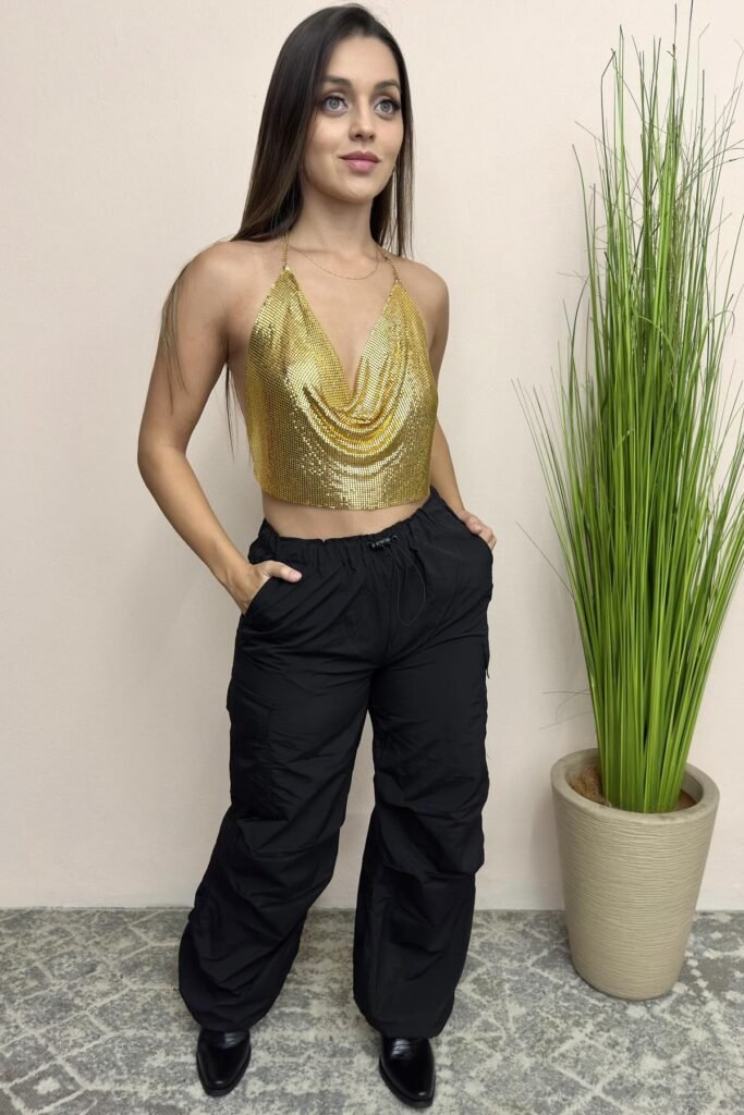 Gold Chainmail Halter Top + Black Baggy Cargo Pants + Black Pointed-Toe Boots