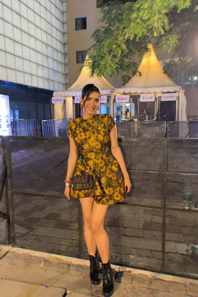 Gold Floral Mini Dress + Black Crossbody Bag + Black Patent Combat Boots