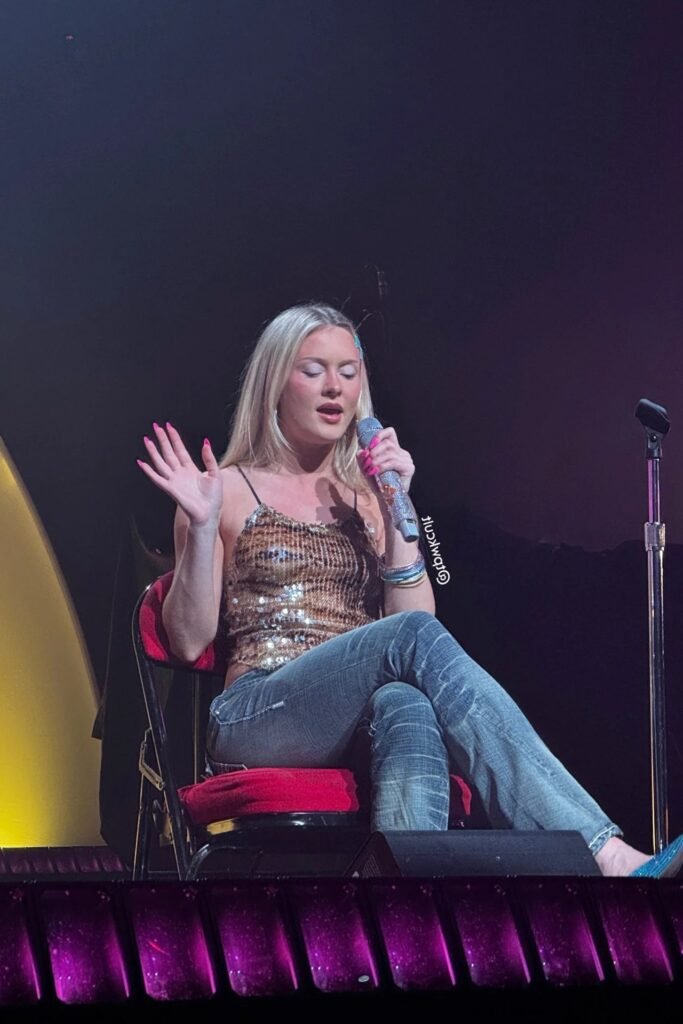 Gold Sequined Camisole Top + Distressed Blue Jeans + Blue Glitter Flats