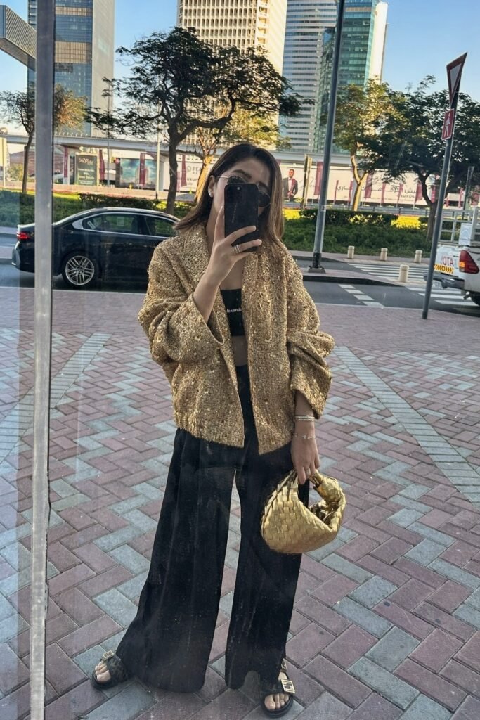 Gold Sequined Jacket + Black Wide-leg Trousers + Black Logo Sandals