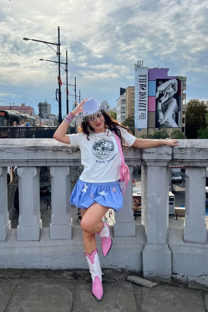 Graphic Disco Ball T-Shirt + Light Blue Bubble Skirt + Pink and White Cowboy Boots