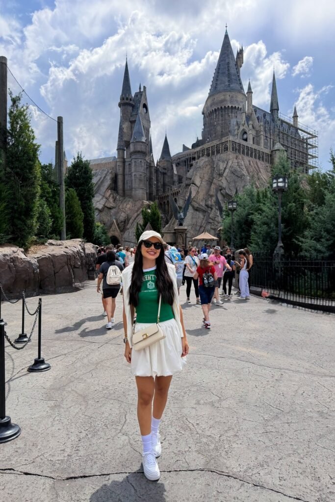Green Graphic T-Shirt + White Bubble Skirt + White Sneakers