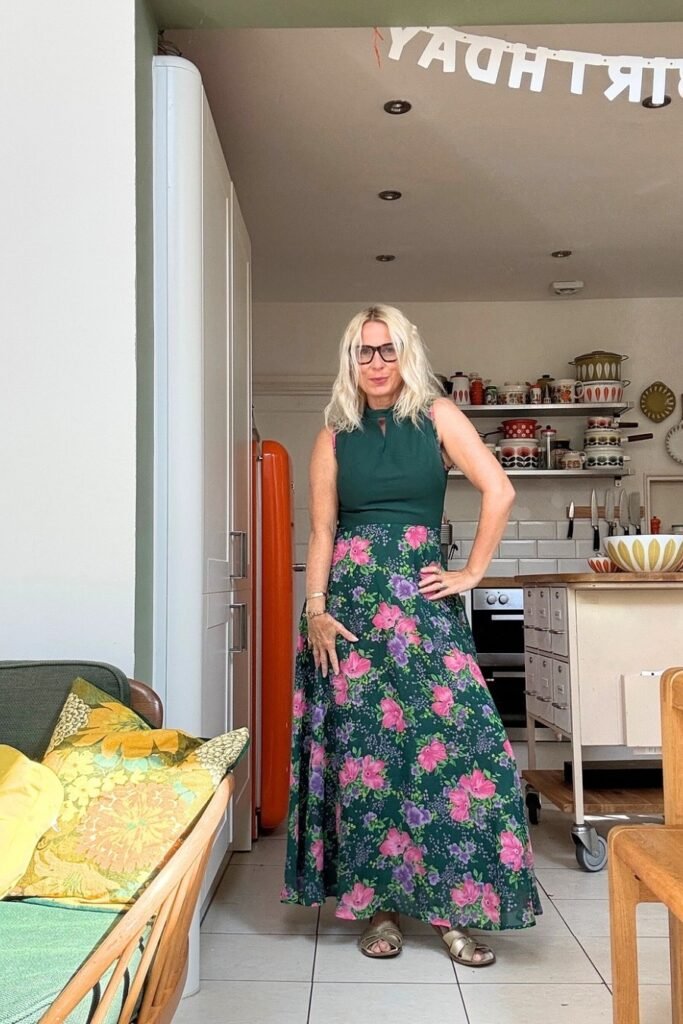 Green Sleeveless Maxi Dress + Floral Print Skirt + Gold Slide Sandals