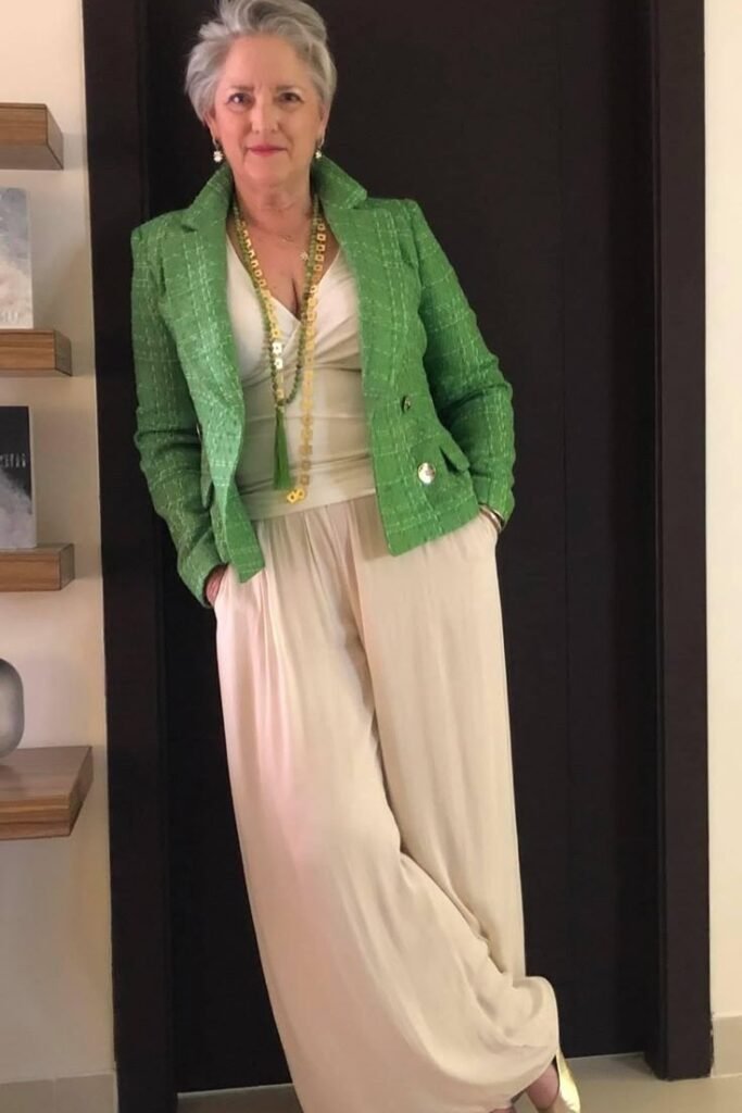 Green Tweed Blazer + Beige V-Neck Jumpsuit + Gold Pointed-Toe Flats