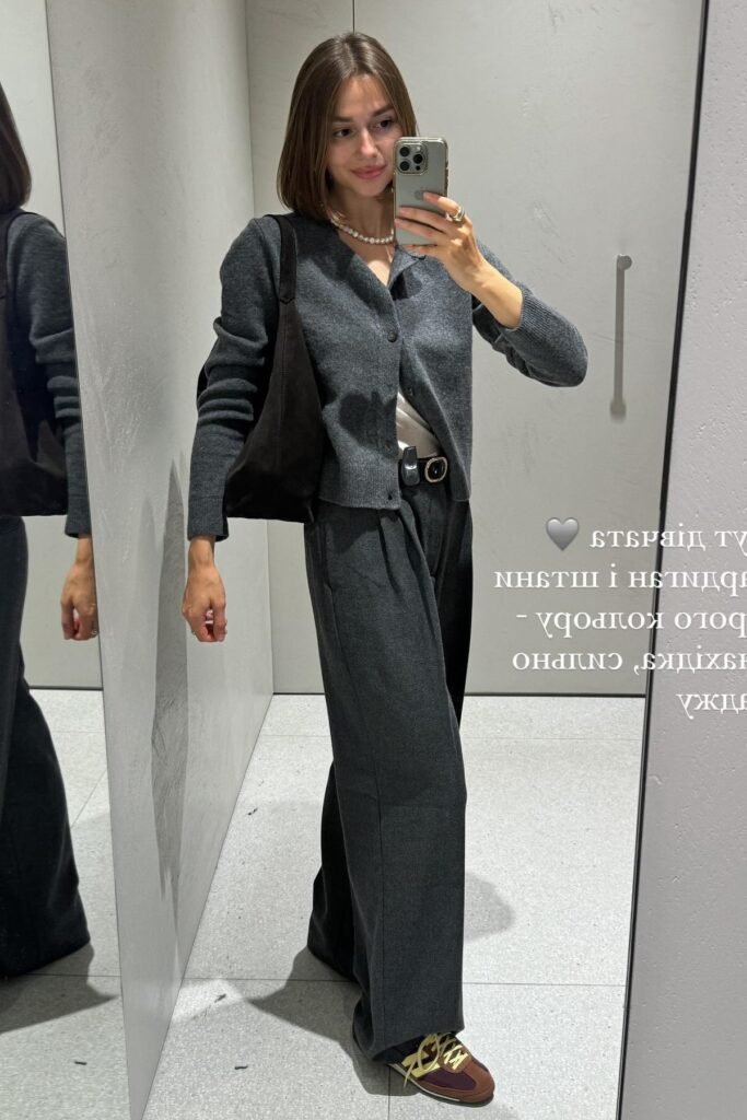 Grey Button-Up Cardigan + Grey Wide-Leg Trousers + Brown and Yellow Sneakers