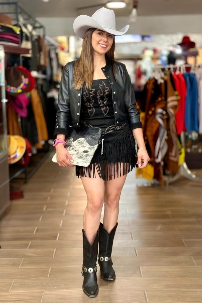 Grey Felt Cowboy Hat + Black Leather Bolero Jacket + Black Fringe Mini Skirt + Black Western Boots