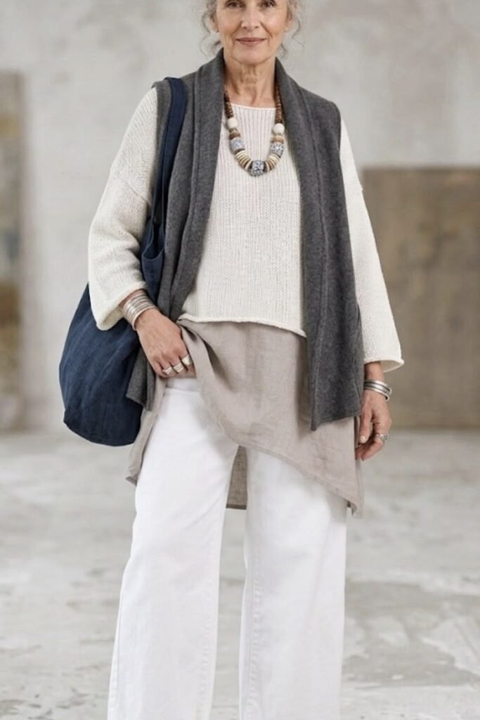 Grey Knit Vest + Layered Cream Tunic + White Wide-Leg Jeans