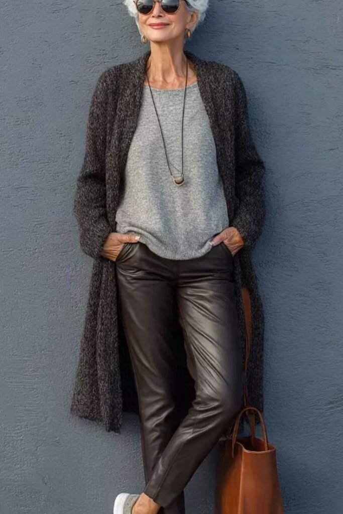 Grey Oversized Cardigan + Light Grey Knit Top + Dark Brown Leather Pants