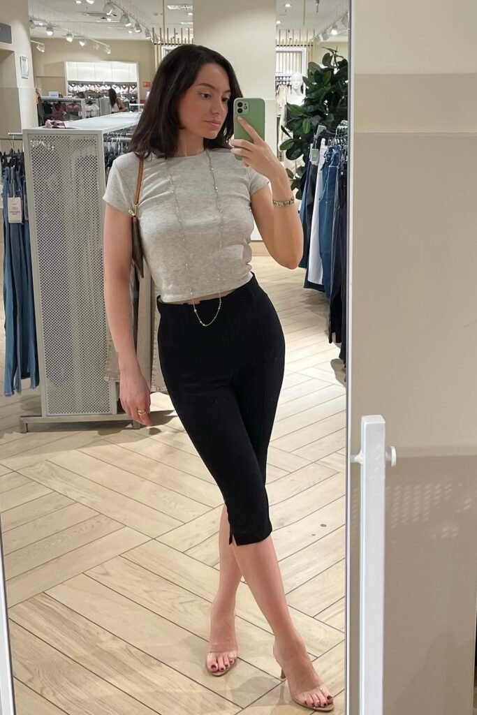 Grey Short-Sleeve Baby Tee + Black Capri Leggings + Clear Strap Heeled Sandals