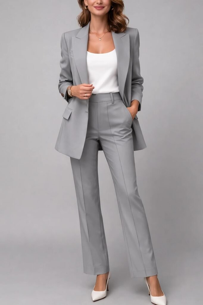 Grey Tailored Suit + White Bodysuit + White Pointed Heels