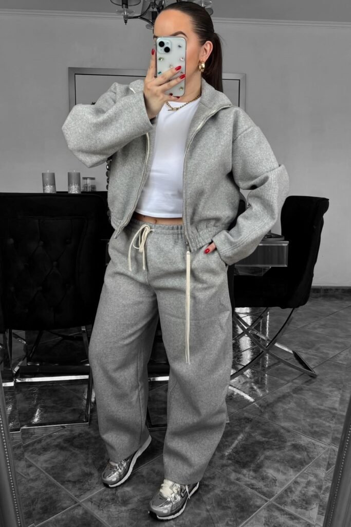 Grey Zip-Up Wool Jacket + Grey Wide-Leg Sweatpants + Silver Metallic Sneakers