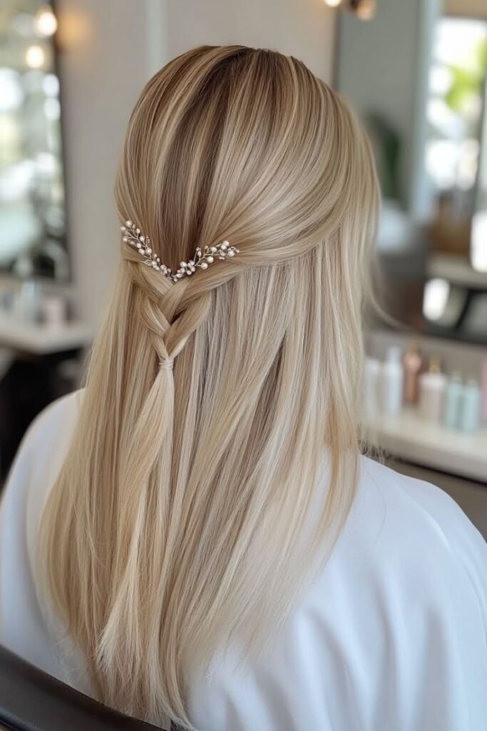 Half-Up Boho Braid with Delicate Pearl Vine