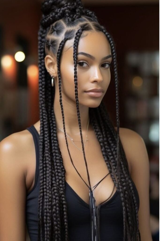 Half-Up Box Braids with Top Knot and Face-Framing Tendrils