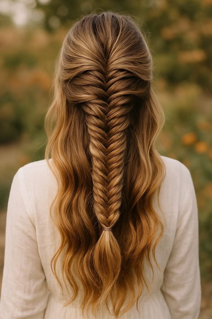 Half-Up Fishtail Braid with Soft Waves