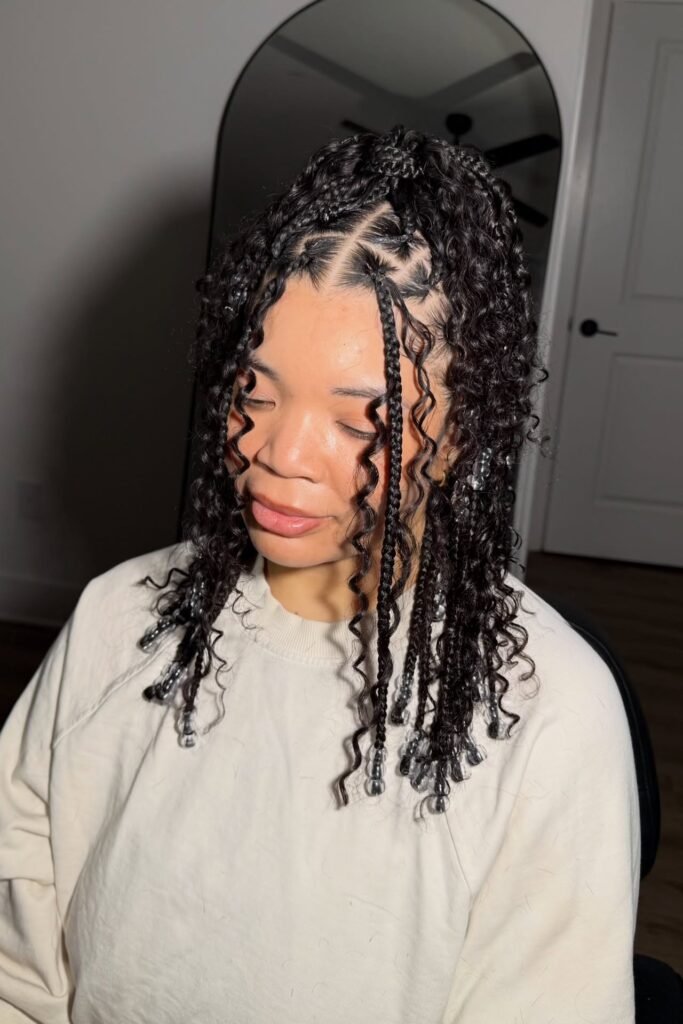 Half-Up Fulani Inspired Braids with Clear Beads and Curly Tendrils