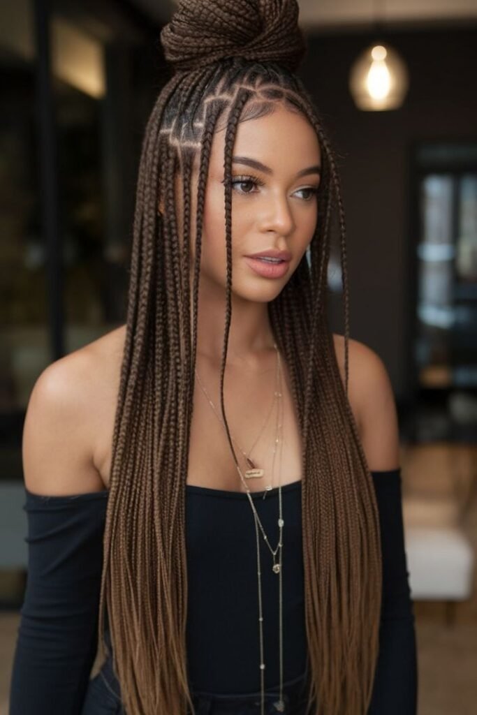 Half-Up Top Knot with Long Knotless Braids