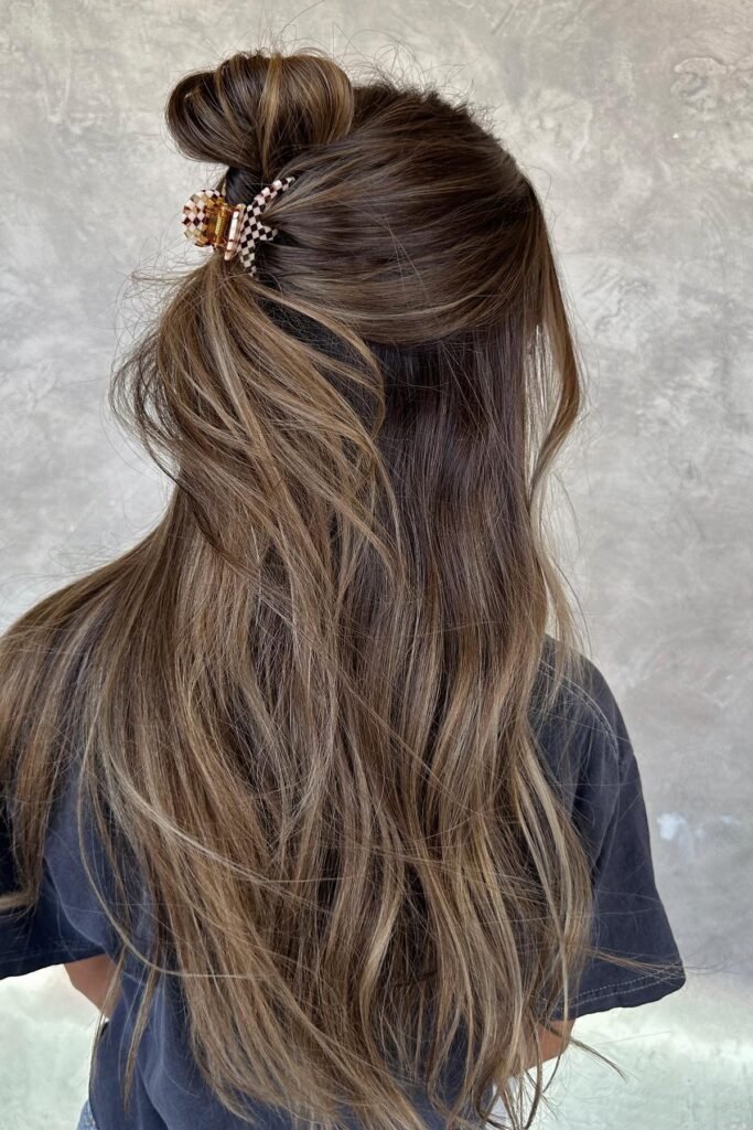 Half-Up Top Knot with Mini Checkered Claw Clip on Long Wavy Hair