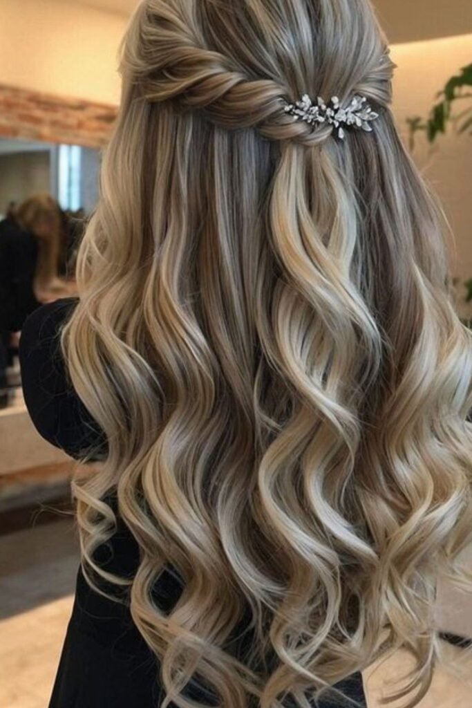 Half-Up Twisted Crown with Crystal Floral Hairpiece