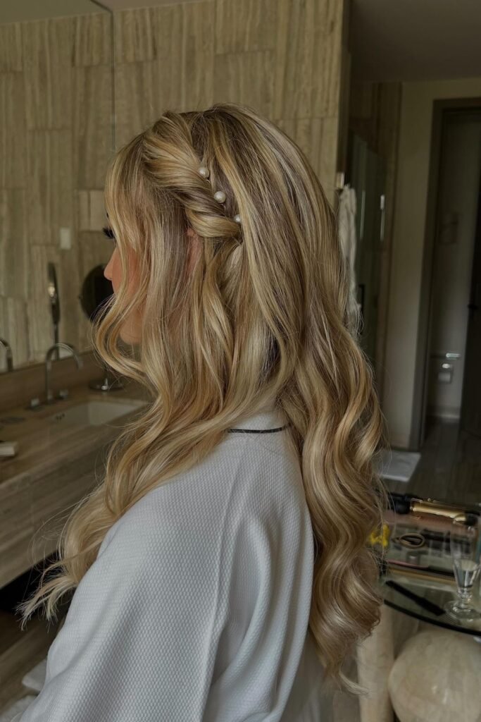 Half-Up Twisted Crown with Pearl Pins and Long Waves