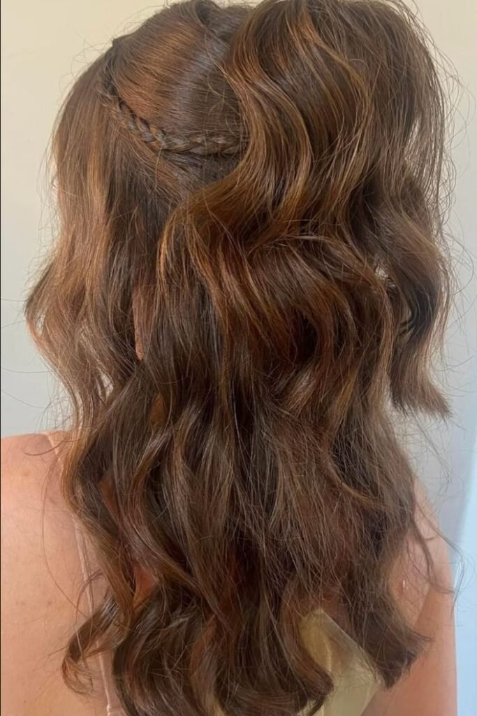 Half-Up Wavy Style with Thin Accent Braid