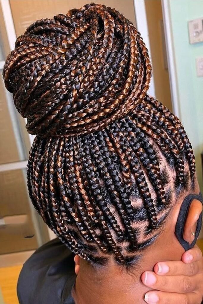 High Braided Bun with Geometric Parting and Warm Highlights