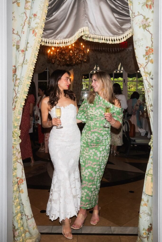 High-Neck White Lace-Trimmed Gown + White Pearl Clutch