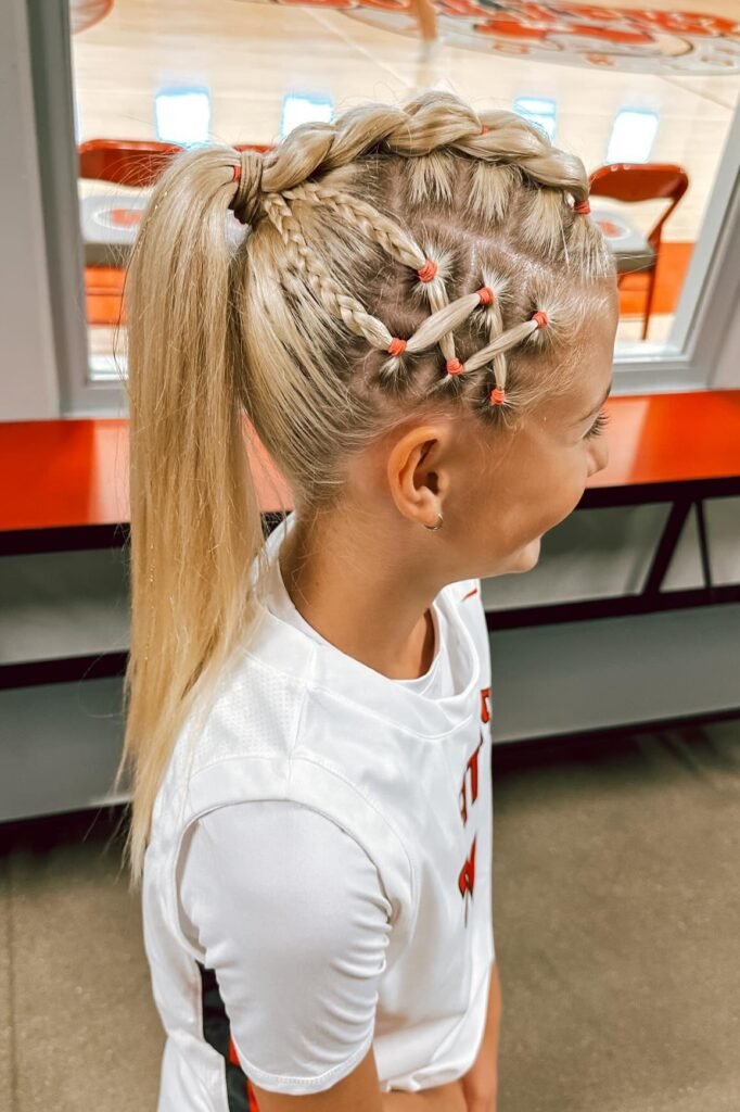 High Ponytail with Criss-Cross Elastic Sections and Side Braids