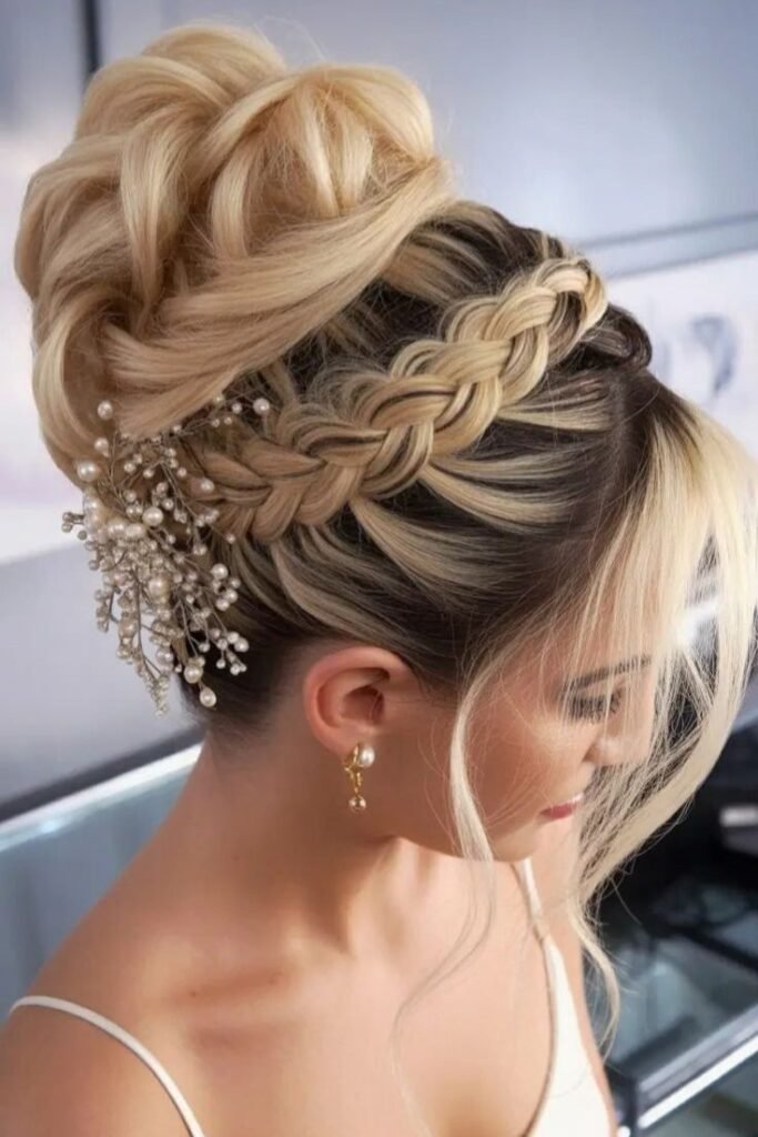 High Textured Bun with Dutch Braid and Floral Jewel Detail