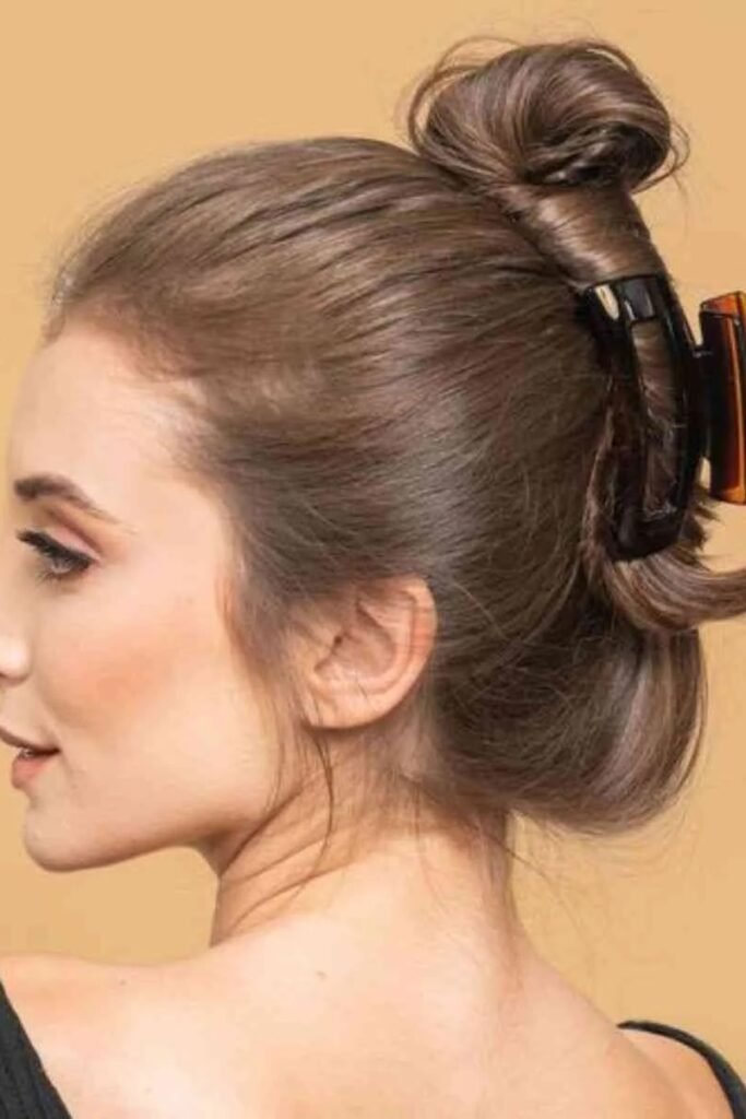 High Twisted Bun Secured with Large Rectangular Claw Clip
