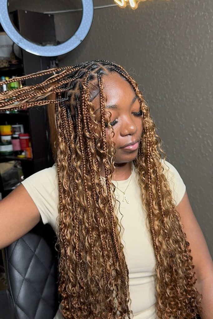 Honey Blonde Goddess Braids with Mixed Texture Curls