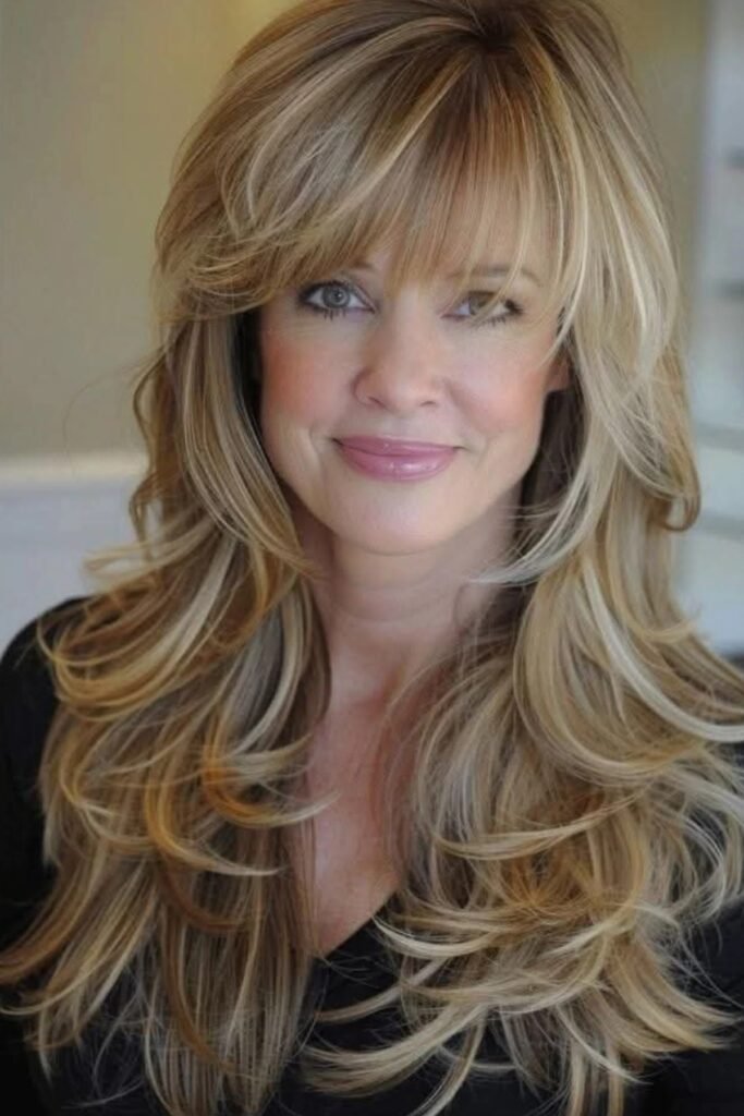 Honey Blonde Layers with Voluminous Rounded Bangs