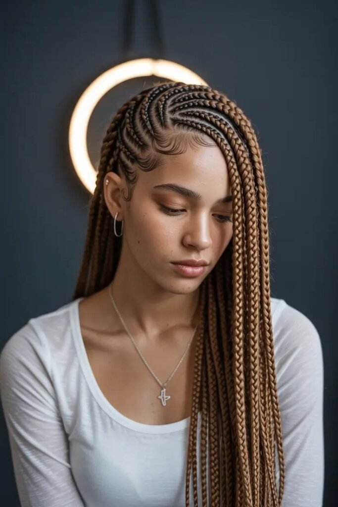 Honey Blonde Ombré Braids with Side-Swept Geometric Patterns