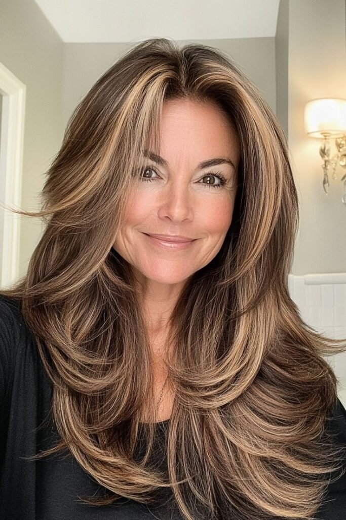 Honey Brown Layered Cut with Bright Face-Framing Highlights