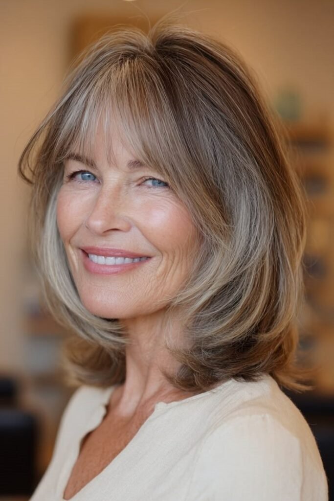 Honey-Toned Lob with Soft Curtain Bangs