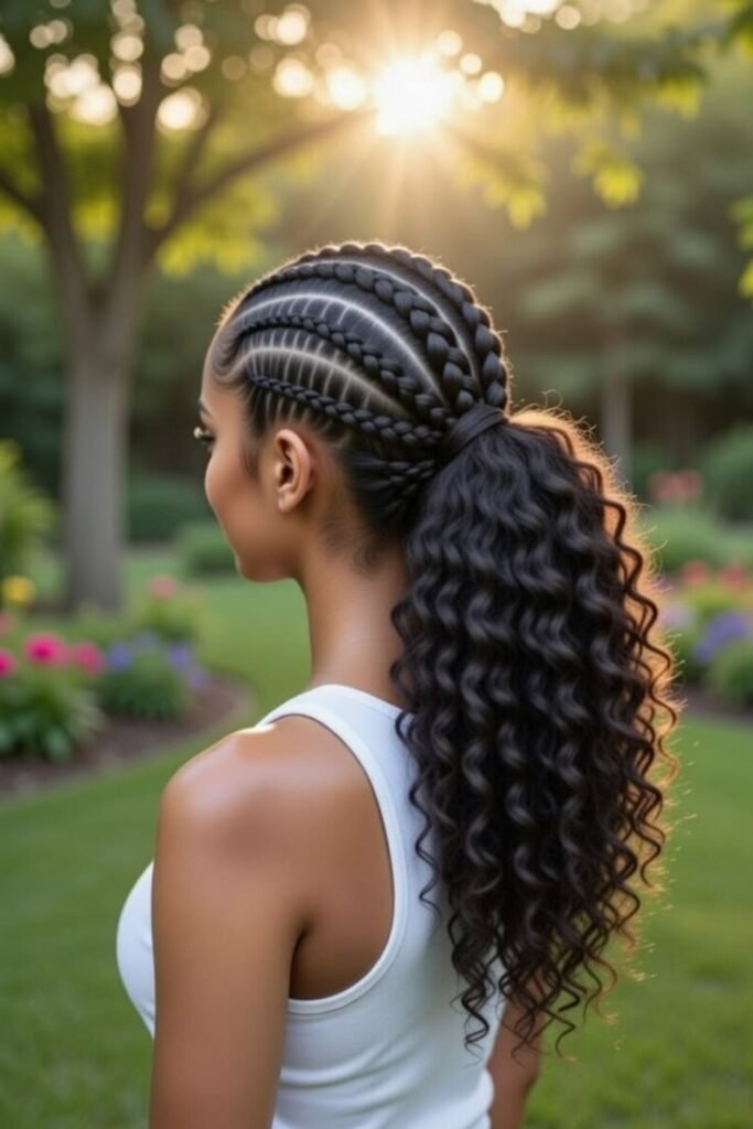 Horizontal Cornrow Pattern with Wavy Low Ponytail