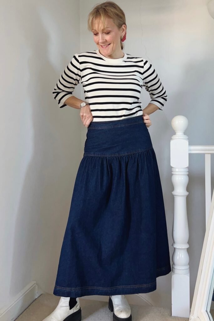 Horizontal Striped Top + Dark Denim Maxi Skirt + White Platform Boots