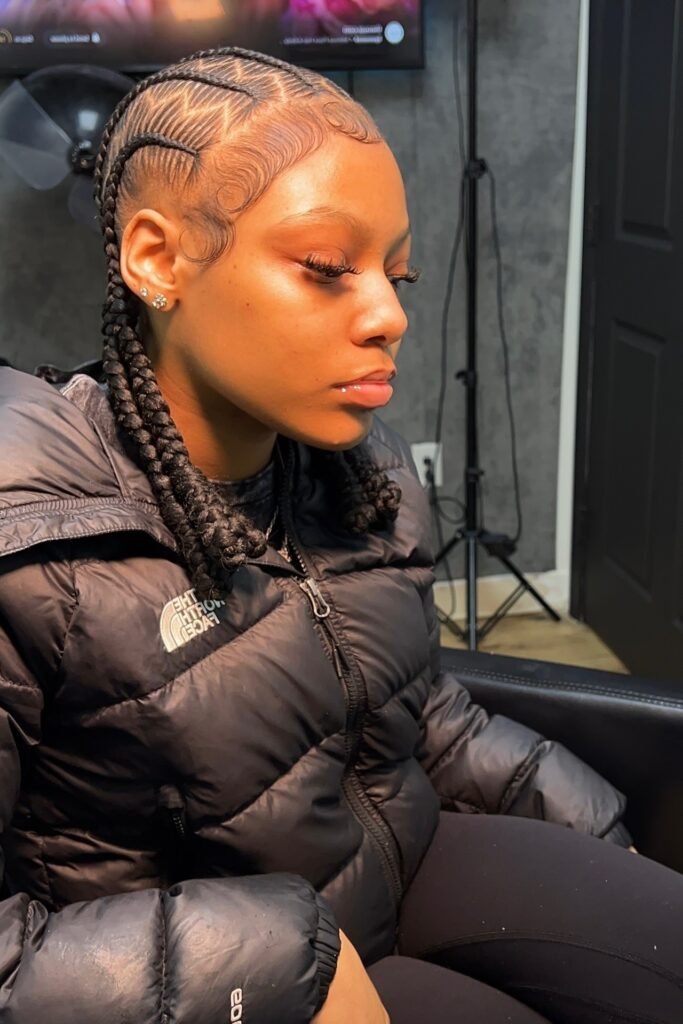 Horizontal Wave Stitch Braids with Soft Curled Sideburns