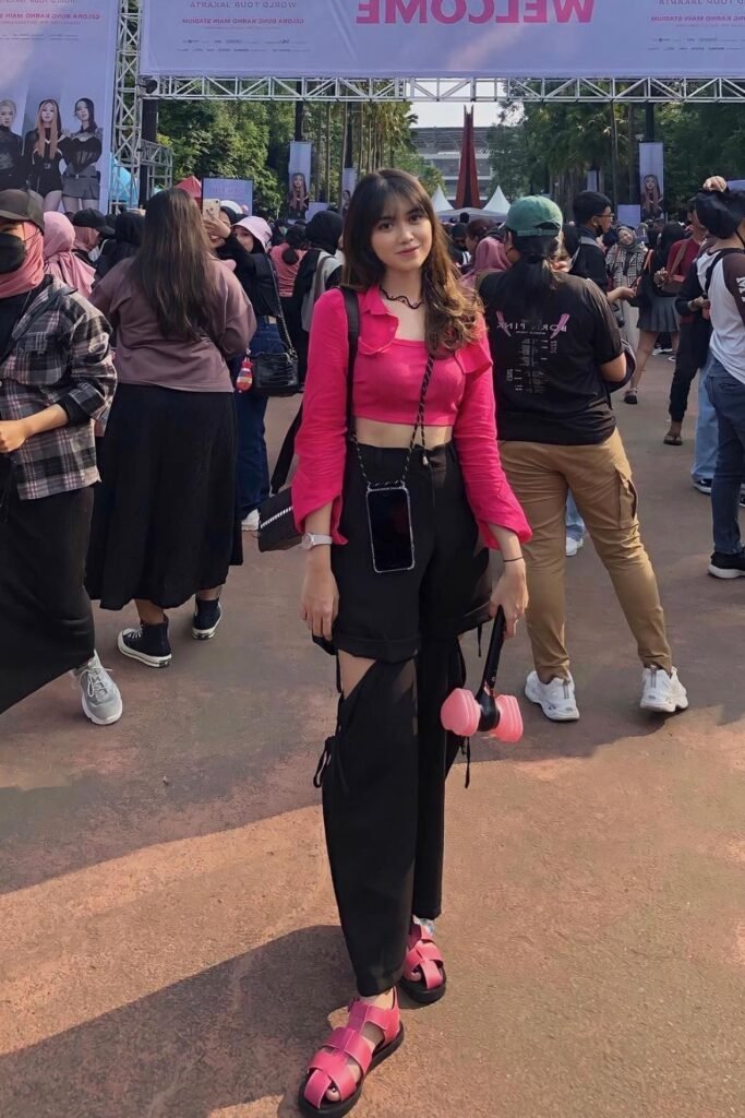 Hot Pink Cropped Cardigan + Black Cut-Out Trousers + Hot Pink Strappy Platform Sandals