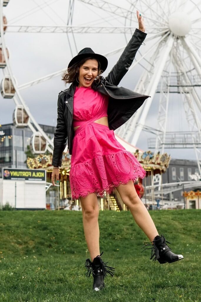 Hot Pink Cut-Out Mini Dress + Black Leather Moto Jacket + Black Fringed Boots