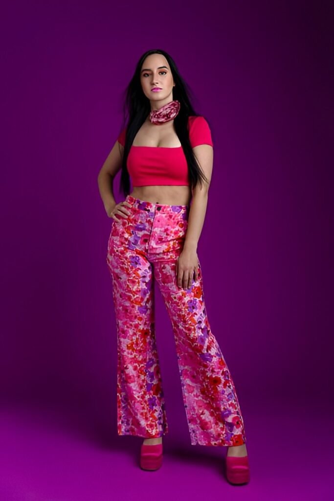 Hot Pink Square Neck Crop Top + Floral Print High-Waisted Flare Pants + Hot Pink Platform Heels
