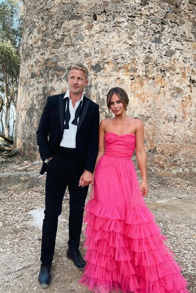 Hot Pink Strapless Ruffled Tulle Gown + Clear Embellished Heels