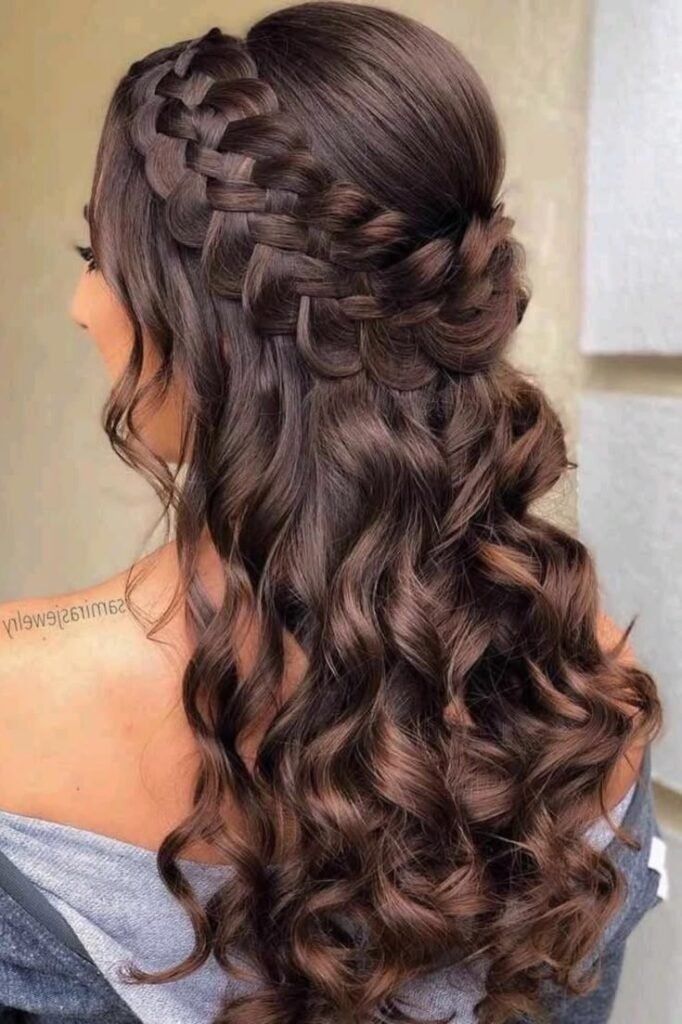 Intricate Basket Weave Braid with Deep Chestnut Curls