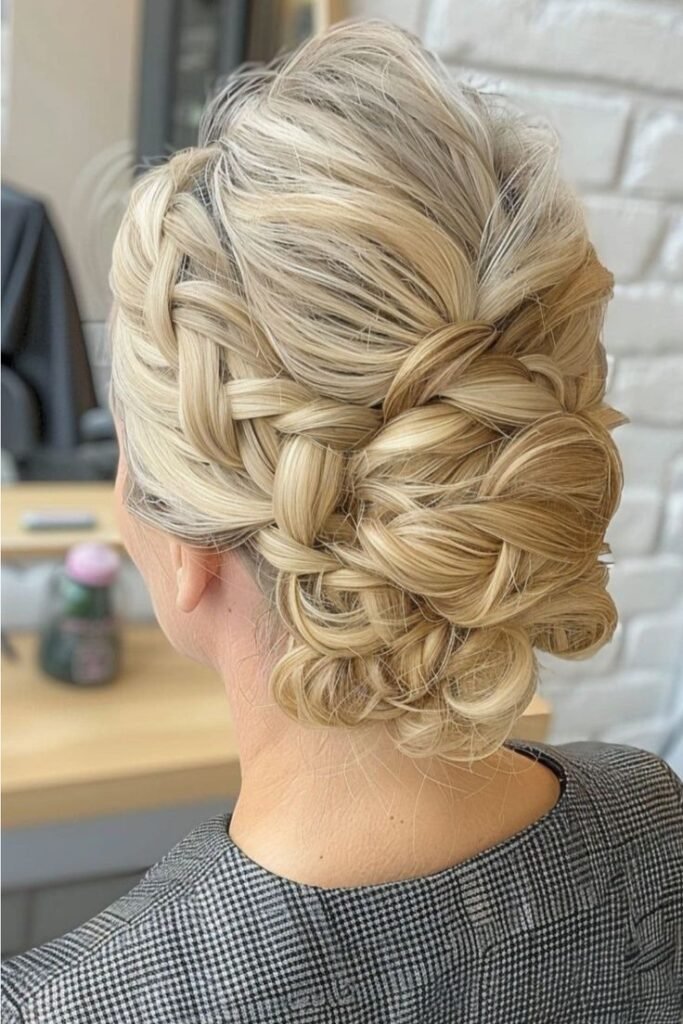 Intricate Braided Low Chignon with Ash Blonde Highlights