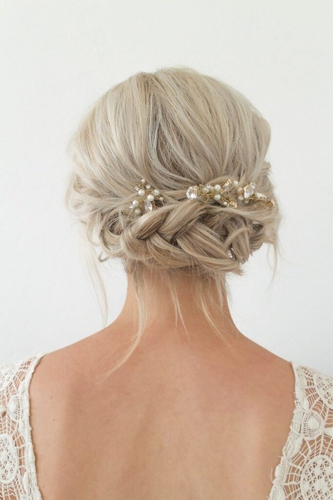 Intricate Braided Low Updo with Crystal and Pearl Hair Pins