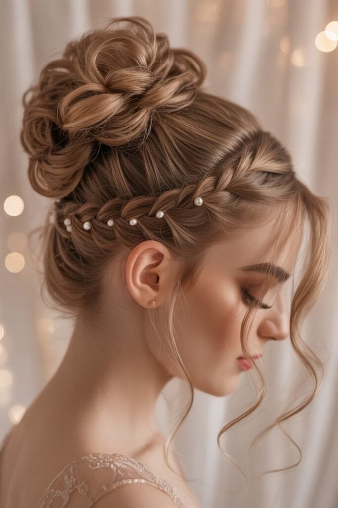 Intricate Braided Updo with Pearl Accents and Wispy Tendrils
