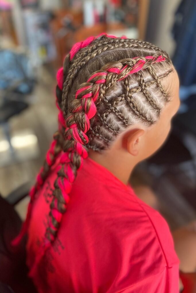 Intricate Feed-in Cornrows with Vibrant Pink Extensions