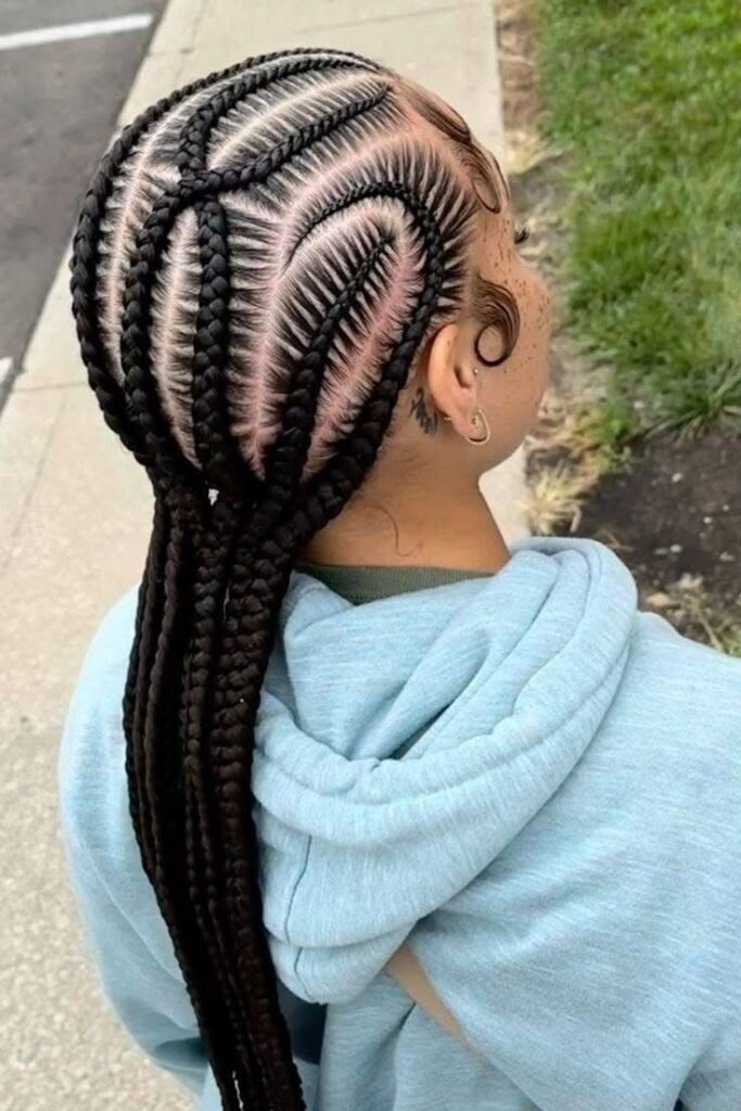 Intricate Heart-Shaped Stitch Braids with Long Extensions