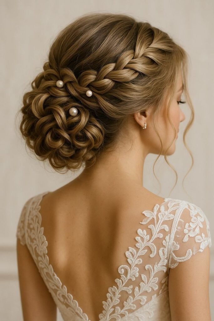 Intricate Rose-Style Bun with Pearls and Side Braid